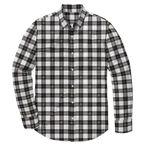 A black white Jack and Sage button up long sleeve shirt with plaid pattern and C.U buffaloes.